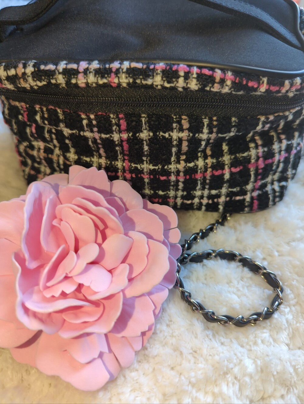Lancome Black Pink Cream Plaid Tweed Vanity Bag Cosmetic Bag With Braided Chain